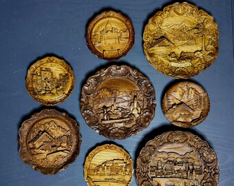 Vintage Hand-Carved Wooden Plaque Gallery Wall Set | 1980s Austrian Landscape Wall Decor