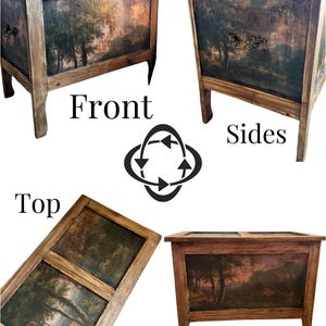 Peut inclure: Un coffre en bois avec une peinture de paysage sur le devant, les c&ocirc;t&eacute;s, le dessus et le dos. Le coffre a un cadre et des pieds marron fonc&eacute;. Le devant est &eacute;tiquet&eacute; "Front", les c&ocirc;t&eacute;s "Sides", le dessus "Top" et le dos "Back".
