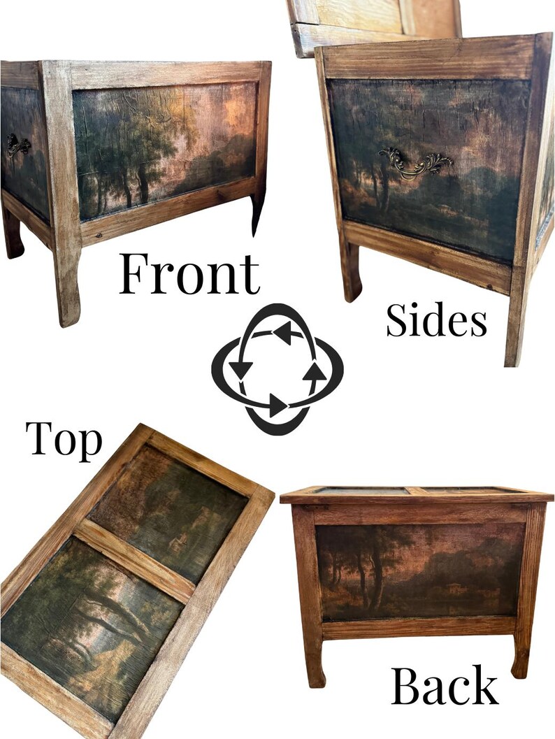 Peut inclure: Un coffre en bois avec une peinture de paysage sur le devant, les c&ocirc;t&eacute;s, le dessus et le dos. Le coffre a un cadre et des pieds marron fonc&eacute;. Le devant est &eacute;tiquet&eacute; "Front", les c&ocirc;t&eacute;s "Sides", le dessus "Top" et le dos "Back".