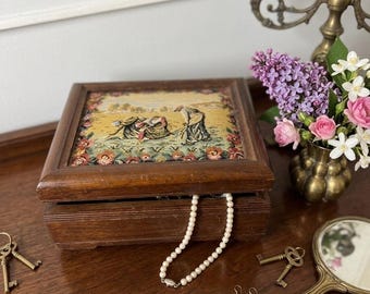 Vintage Wooden Jewellery Box: Tapestry Lid & Mirror, 1970s Decorative Storage