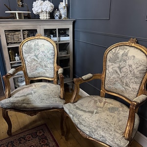 French Louis XV Gilt Tapestry Armchairs (Pair) | Vintage Rococo Accent Chairs | Ornate Gilded Seating