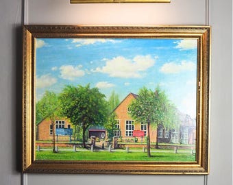Large Vintage Colourful Landscape Oil paining by A S ANTLIFF | Gold Gilt Frame