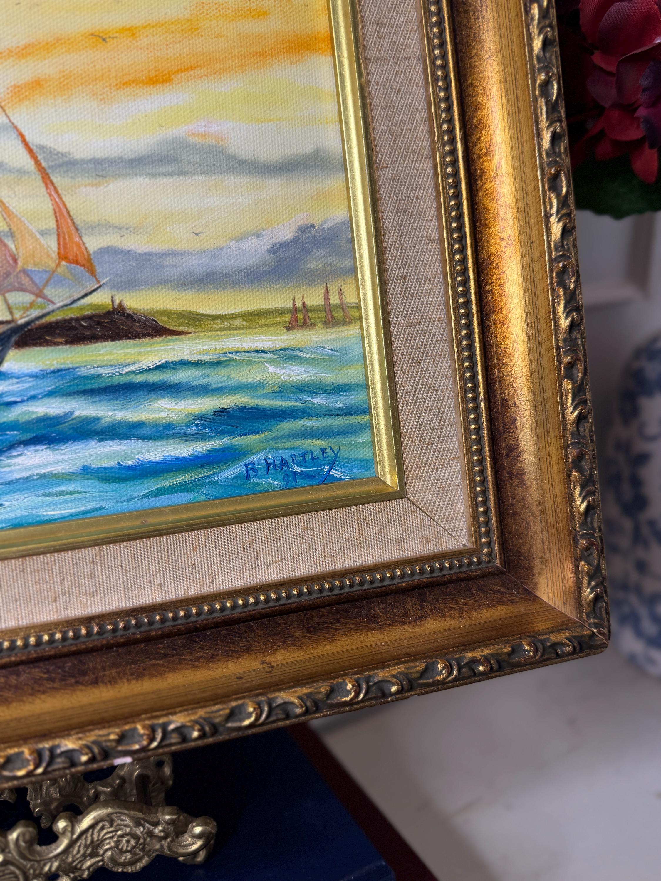 B. ハートリーによるヴィンテージのサイン入り絵画：華やかな金箔額縁