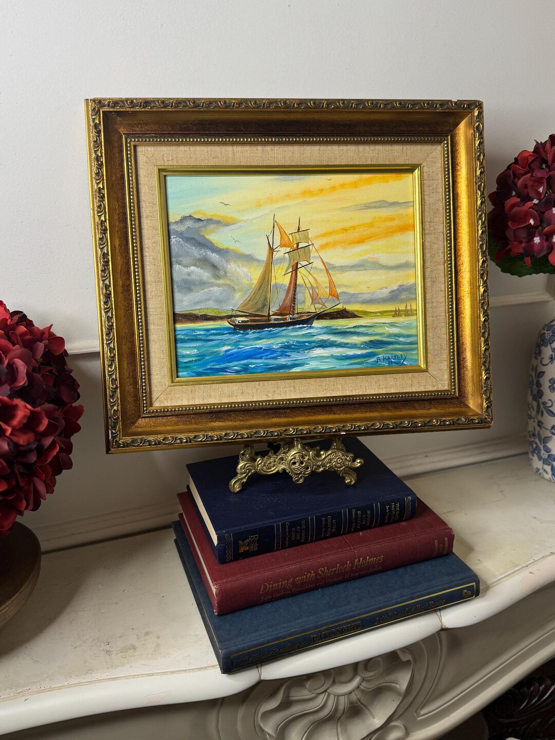 B. ハートリーによるヴィンテージのサイン入り絵画：華やかな金箔額縁