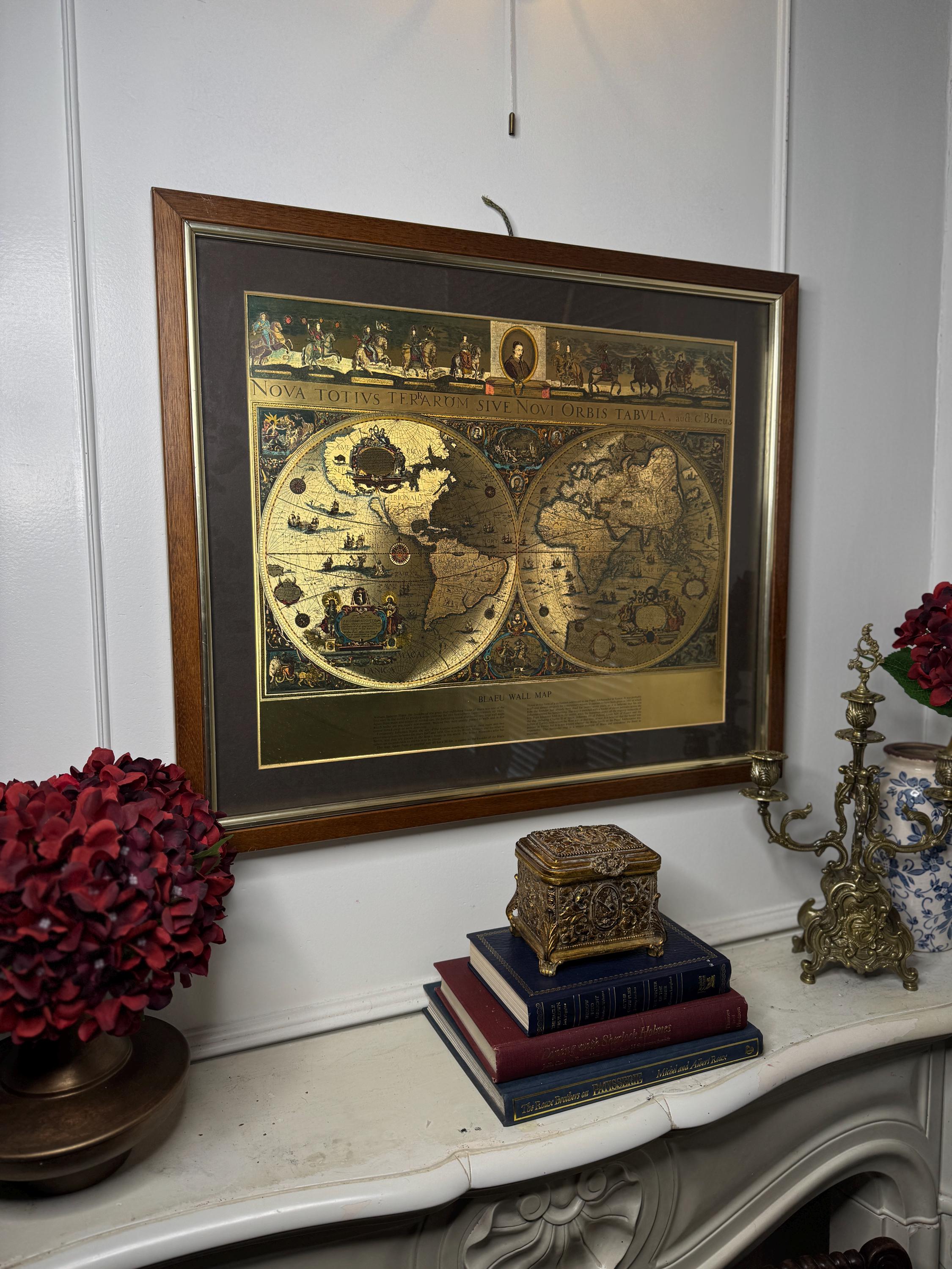 BLAEU WALL MAP ビンテージマップ Vintage Blaeu Wall Map of the World Framed Gold Foil Decorative