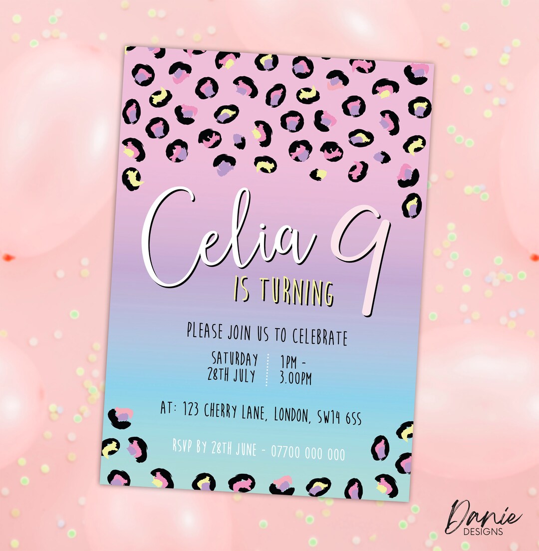 PERSONALISED Rainbow Leopard Print Invitation for Girls Birthday ...