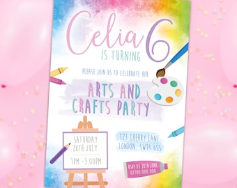 May include: A colorful invitation for an arts and crafts party for Celia's 6th birthday. The invitation features a watercolor background with paintbrushes, crayons, and a paint palette. The text reads "Celia 6 is turning. Please join us to celebrate her Arts and Crafts Party. Saturday 28th July 1PM - 3.00PM. 123 Cherry Lane, London, SW19 6SS. RSVP by 28th June 07700 000 000. Danie Designs."