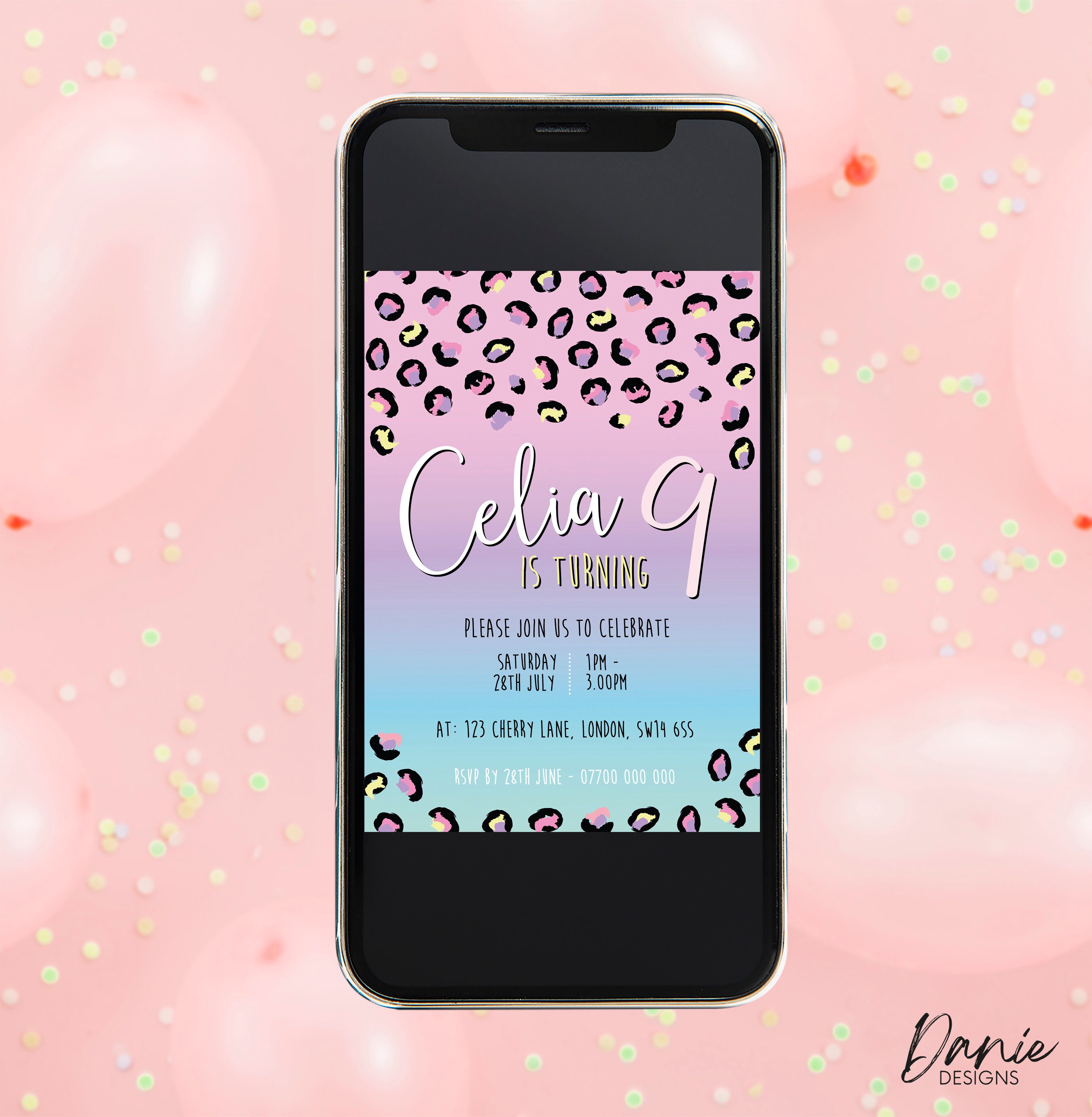PERSONALISED Rainbow Leopard Print Invitation for Girls Birthday ...