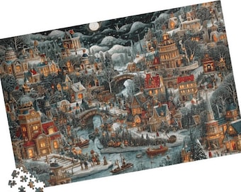 May include: A completed jigsaw puzzle depicting a winter village scene under a starry night sky. The puzzle features detailed illustrations of buildings, bridges, and boats, with a few loose pieces visible. The color palette includes blues, browns, and warm yellow lights.