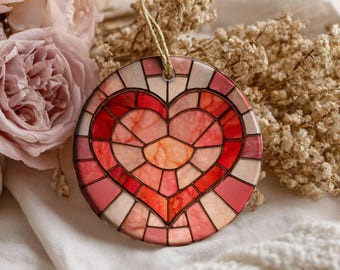 Valentine's Ornament 2.76" Round Ceramic Stained Glass Style Heart Gift
