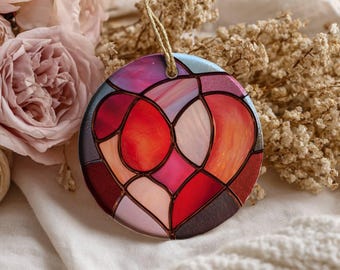 Valentine's Heart Ornament 2.76" Round Ceramic Stained Glass Style Gift