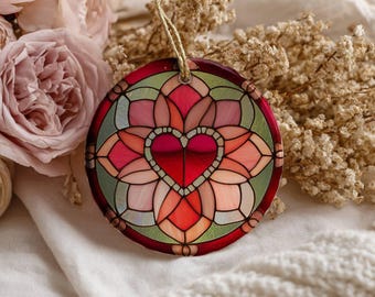 Valentine's Heart Ornament 2.76" Round Ceramic Stained Glass Style Gift