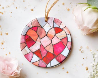 Valentine's Heart Ornament 2.76" Round Ceramic Stained Glass Style Gift