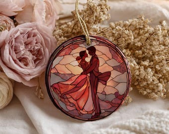 Valentine's Couple Ornament 2.76" Round Ceramic Stained Glass Style Gift