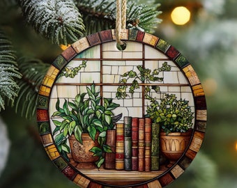 Stained Glass Books and Plants Ornament 2024 Circular Ceramic Ornament 2.76" Book Lovers Christmas Gift For Her Friend Gift Tree Ornament