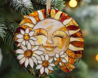 Style vitrail soleil souriant ornement de Noël joyeux soleil décor floral lunatique marguerite cadeau de vacances ornement en céramique 2,76" cercle