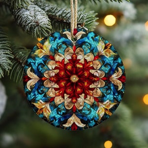 Stained Glass Floral Mandala Ornament 2024, Colorful Holiday Decor, Circular Ceramic Ornament 2.76&quot;, Vibrant Flower Design Christmas Gift