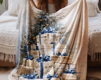 Blue Ribbon Presents & Christmas Tree Sherpa Fleece or Velveteen Plush Blanket Cozy Winter Throw Elegant Holiday Decor Gift Holiday Throw