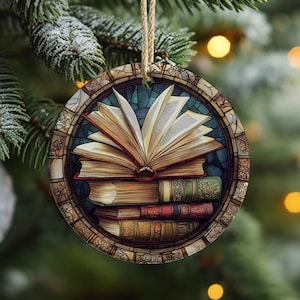Vintage livres vitrail ornement de Noël amateur de livres cadeau de Noël ornement circulaire en céramique 2,76" bibliothèque décor ornement cadeau pour elle