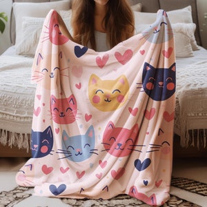 Entzückende Katze & Herzen Sherpa Fleece Samt Plüsch Decke Gemütlicher Haustier Liebhaber Überwurf Niedliches Katzenthema Geschenk Decke Katzenliebhaber Weihnachtsgeschenk überwerfen