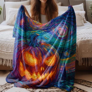 Starry Night Jack-o-Lantern Velveteen Plush or Sherpa Blanket Halloween Art Throw Spooky Fall Decor Gift Halloween Lovers Halloween Blanket