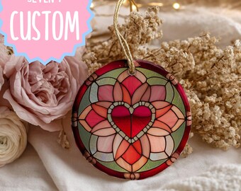 Personalized Valentine's Ornament 2.76" Round Ceramic Stained Glass Style Heart Gift