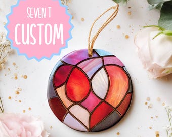 Personalized Valentine's Ornament 2.76" Round Ceramic Stained Glass Style Heart Gift