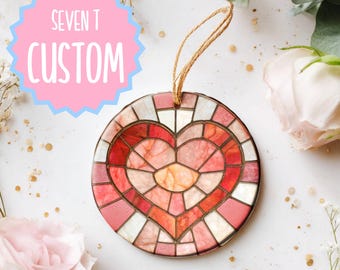 Personalized Valentine's Ornament 2.76" Round Ceramic Stained Glass Style Heart Gift