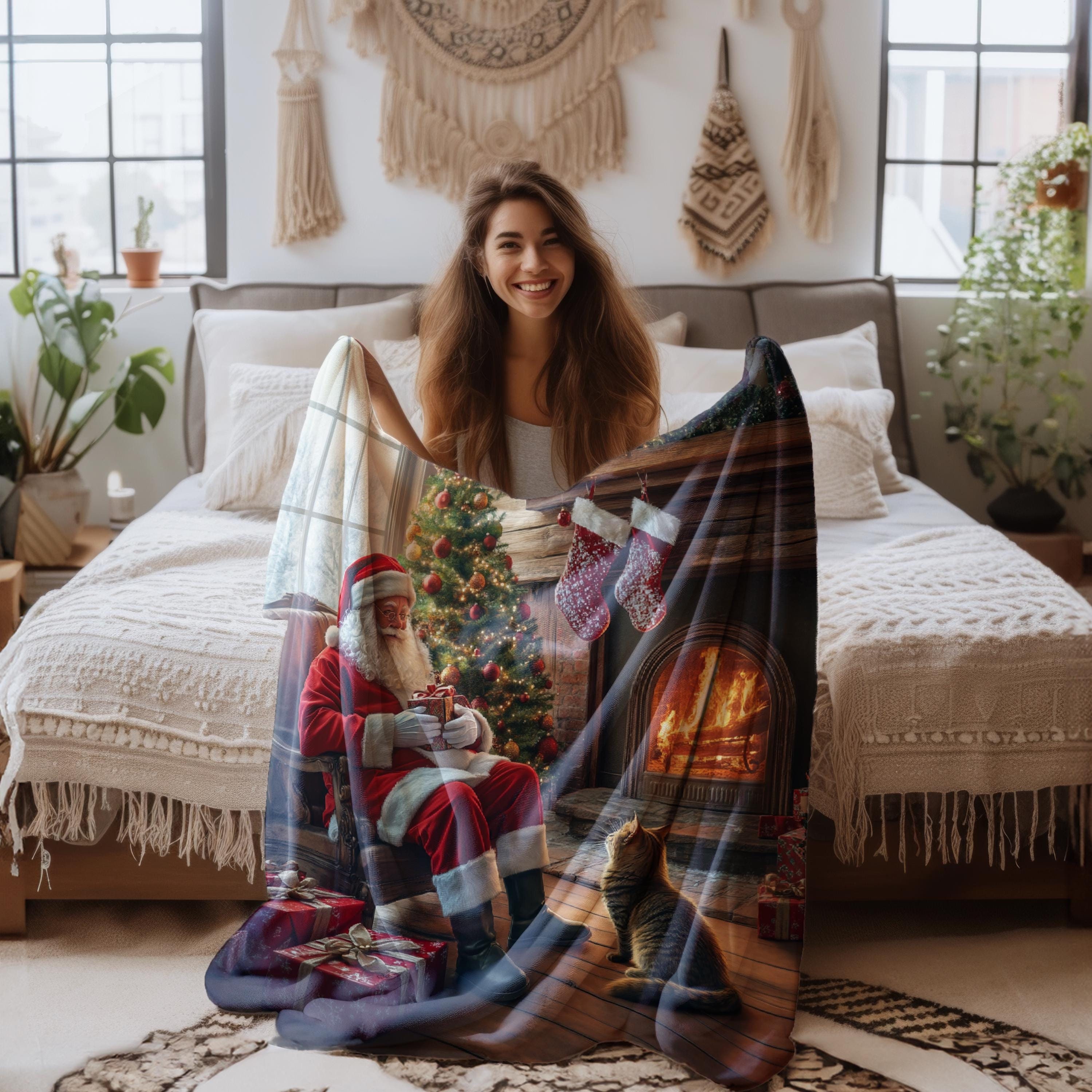 Discover Santa Claus and Cat Fleece and Sherpa Blanket for Christmas Holiday Decor