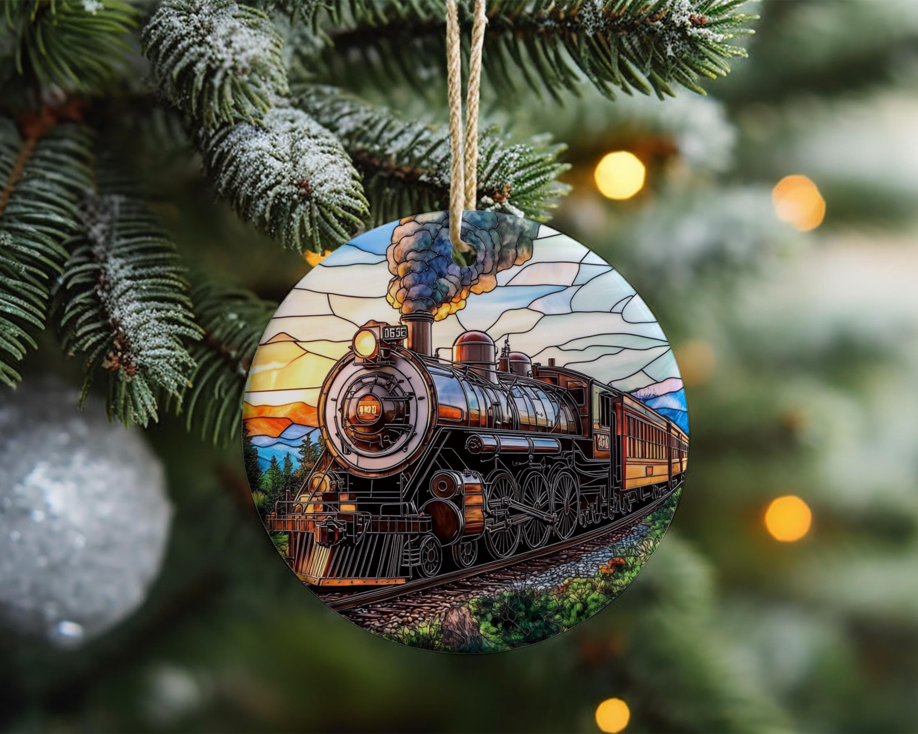ステンドグラス風列車オーナメント 蒸気機関車 セラミックオーナメント