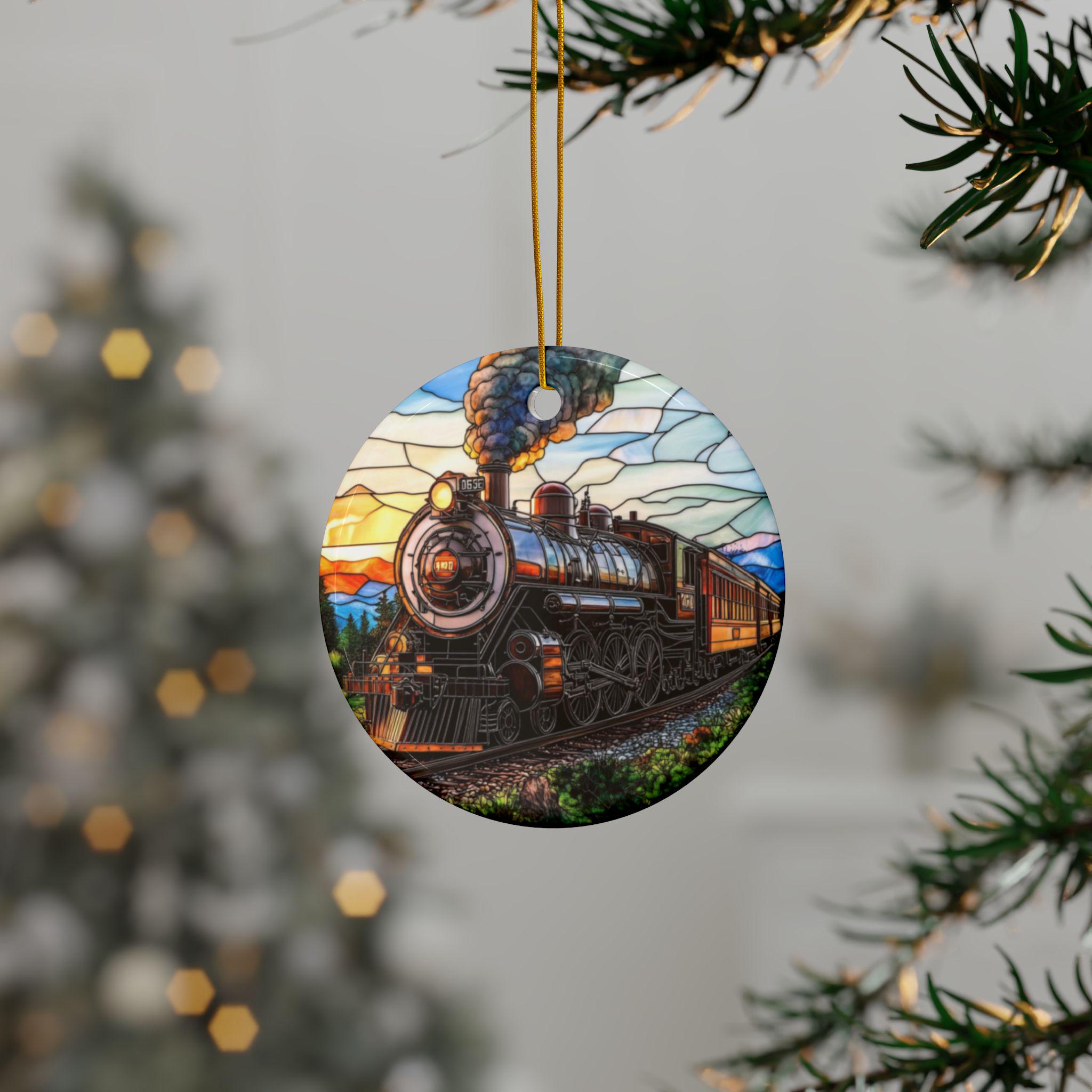 ステンドグラス風列車オーナメント 蒸気機関車 セラミックオーナメント
