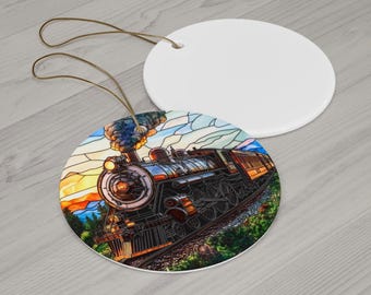 ステンドグラス風列車オーナメント 蒸気機関車 セラミックオーナメント