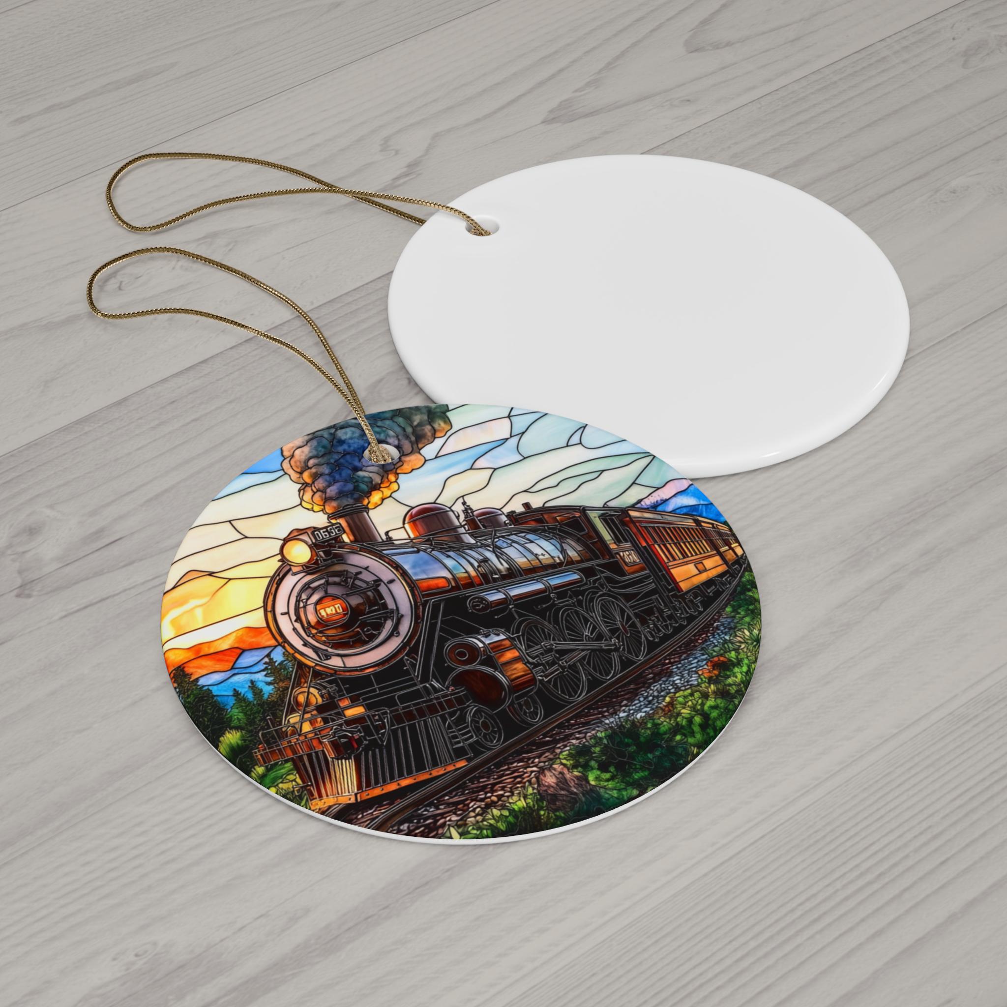 ステンドグラス風列車オーナメント 蒸気機関車 セラミックオーナメント