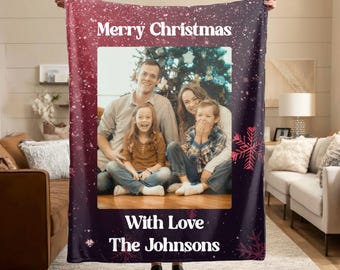 Personalized Christmas Photo Velveteen Plush or Sherpa Blanket Custom Family Name Throw Snowy Holiday Keepsake Xmas Photo Gift