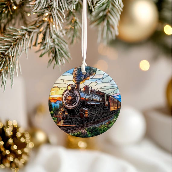 ステンドグラス風列車オーナメント 蒸気機関車 セラミックオーナメント