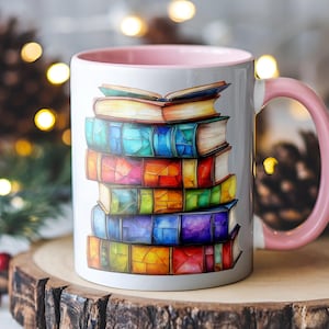 Colorful Books Coffee Mug 11oz or 15oz Stained Glass Book Stack Design Literary Ceramic Mug Gift for Readers & Book Lovers Fantasy Books