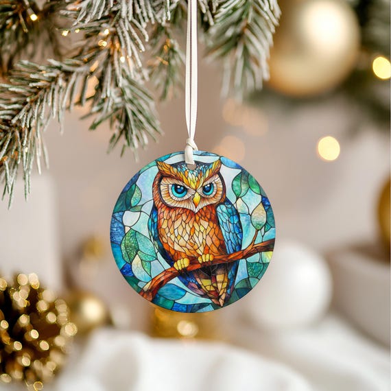 パーソナライズされたステンドグラススタイルのフクロウのオーナメント