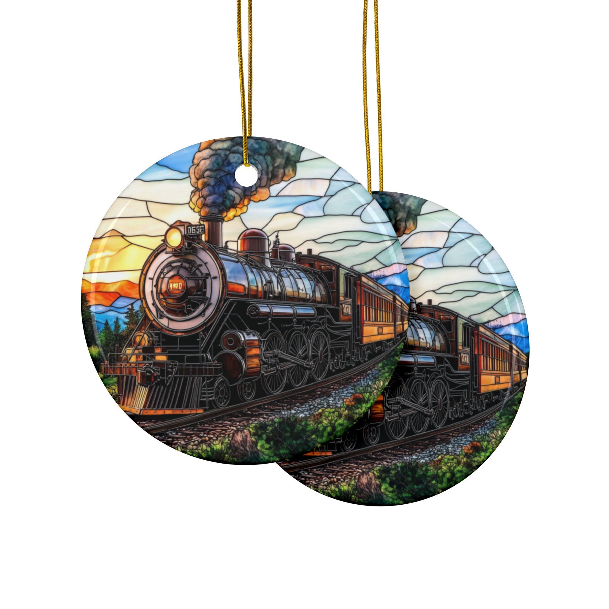 ステンドグラス風列車オーナメント 蒸気機関車 セラミックオーナメント
