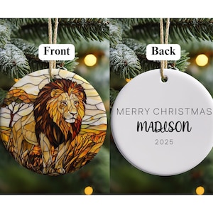Personalized Majestic Lion Stained Glass Style Christmas Ornament Animal Decor Animal Lover Holiday Decor Ceramic Ornament 2.76&quot; Circle