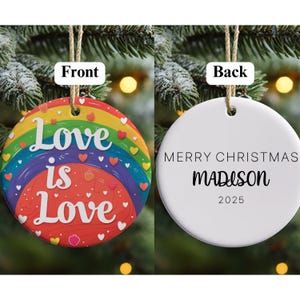 Personalized Love Is Love Rainbow Ornament LGBTQ+ Pride Holiday Decor Colorful Heart Ceramic Gift 2.76&quot; Circle Equality Christmas Keepsake
