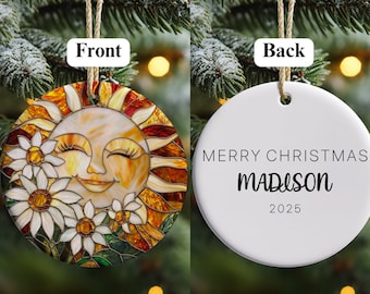 Personalized Stained Glass Style Smiling Sun Christmas Ornament Cheerful Sunshine Floral Decor Holiday Gift Ceramic Ornament 2.76" Circle