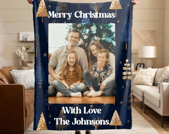 Custom Christmas Family Photo Velveteen Plush or Sherpa Blanket Elegant Navy Gold Holiday Throw Personalized Xmas Keepsake Gift