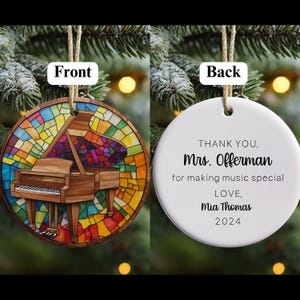 Stained Glass Piano Ornament 2024, Music Teacher Gift, Colorful Musical Christmas Decor, Circular Ceramic Ornament 2.76 Personalized Gift
