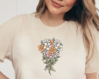 Groovy Smiley Face Florals Tee | Retro Bundle of Flowers Crewneck Shirt | Hippie Smiley Faces