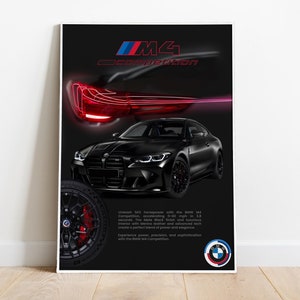 Puede incluir: Un póster enmarcado con un BMW M4 Competition negro. El póster tiene el logotipo de BMW y el texto "M4 Competition" en rojo y blanco. Las luces traseras del coche están iluminadas en rojo, y se ve un primer plano de una rueda con pinzas de freno rojas.