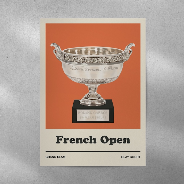 Tennis French Open Roland Garros Trophy Printable wall art, minimalist vintage sport poster, Paris Grand Slam Illustration, DIGITAL PRINT.