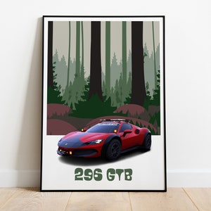 Puede incluir: Un coche deportivo rojo con techo negro y ruedas negras está aparcado en un entorno de bosque. El coche tiene un parachoques negro y un alerón negro. El coche está etiquetado como "296 GTB".