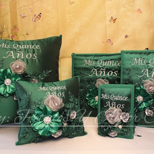 Quinceañera complete set bible, photo album, kneeling pillow, guest signature book, money box, flower bouquet, bear , wedding, boda, XV