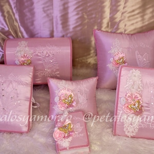 Quinceañera complete set bible, photo album, kneeling pillow, guest signature book, money box, flower bouquet, bear , wedding, boda, XV