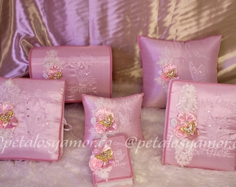 Quinceañera complete set bible, photo album, kneeling pillow, guest signature book, money box, flower bouquet, bear , wedding, boda, XV
